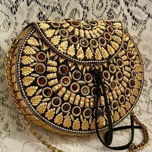 Vintage, Gold Metal Purse, Multi-Colored Stones  Crossbody 7.5in x 6in x 2in